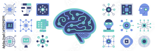 Futuristic AI technology and data node icon sheet – Suitable for futuristic hardware, tech news, or digital branding.