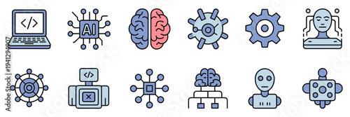 Machine learning development and brain icons – Perfect for IT documentation, software UI, or data science.