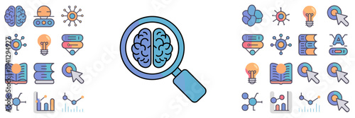 AI search and knowledge magnifier icons – Ideal for smart search engines, data discovery, or digital libraries.