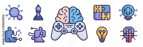 AI game design and intelligent controller icons – Great for software branding, gaming apps, or tech blogs.