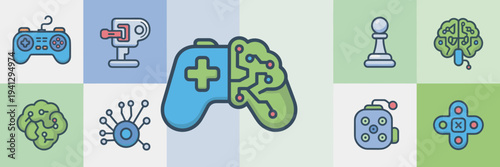 Intelligent gaming and circuit controller icons – Suitable for future tech, e-sports branding, or digital media.