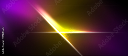 Abstract background features vibrant purple, yellow light streaks. Diagonal lines intersect creating dynamic visual effect. Dark areas contrast bright colors.