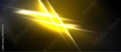 Bright yellow light streaks cross dark background. Intense glow creates dynamic visual effect, energy radiates outward.