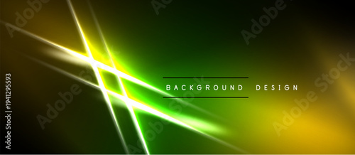 Abstract neon lights create dynamic green, yellow gradients. Dark background emphasizes bright lines, modern design elements.