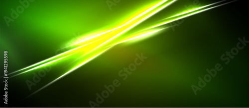 Bright green energy streaks across dark background. Vivid light creates dynamic abstract composition. Intense glow radiates from central intersection.