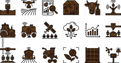 Smart agriculture technology icon set with drone crop monitoring sensors robotics livestock irrigation analytics and precision farming systems