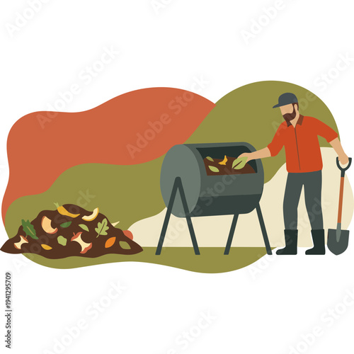 Man composts organic waste in backyard using composter and shovel daily