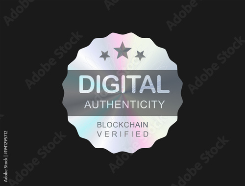 Hologram sticker digital authenticity genuine holographic seal isolated on black background 