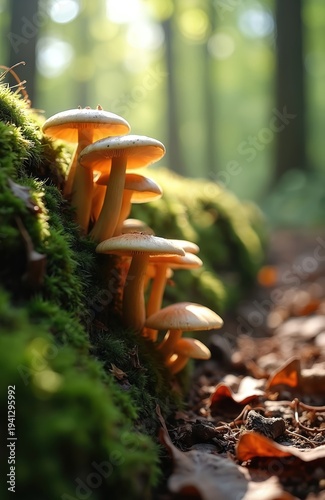 Forest mushrooms grow on mossy log. Sunlight shines on cluster of fungi near woodland path. Fallen leaves cover forest floor, nature scene in dappled light.