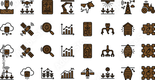 Smart agriculture technology icon set featuring drone monitoring sensors robotics satellite analytics irrigation automation and precision farming
