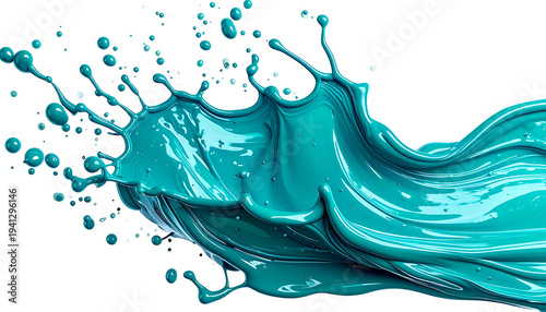 Vibrant splash of teal liquid against a black background. Detailed, dynamic, and flowing
