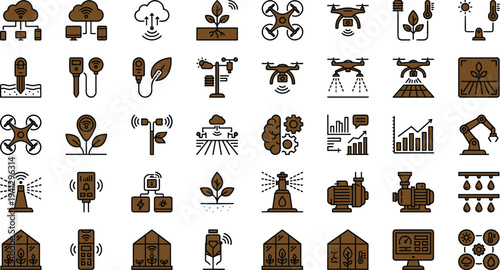 Smart agriculture IoT technology icon collection featuring drone monitoring sensors irrigation automation analytics robotics and precision farming systems