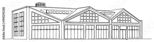Modern industrial building architecture with a sawtooth roof design in clean line art style