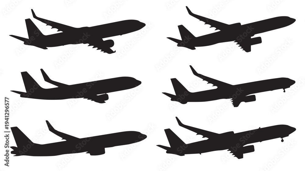 Obraz premium Airplane Silhouettes in Various Angles and Profiles in Black on White Background for Aviation Graphics