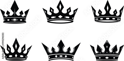 Six black crown silhouettes on white background