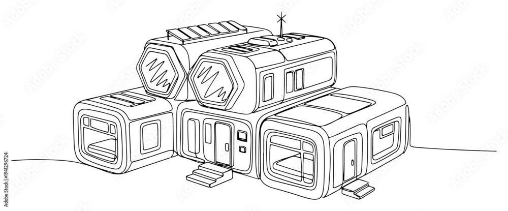 Fototapeta premium Futuristic modular pod house habitat in minimalist line art style