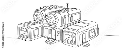 Futuristic modular pod house habitat in minimalist line art style