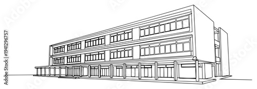 Modern office building or school architecture exterior in perspective line art