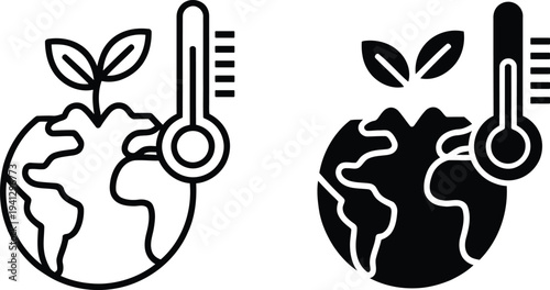 Earth with thermometer icon representing global warming and climate change awareness in simple line art style for environmental conservation and sustainability