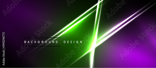 Abstract neon lines create dynamic gradient background. Vivid purple, green hues dominate composition. Modern design element.