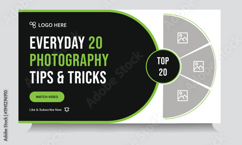 Best photo shoot tips and tricks video cover banner design, daily photography techniques video thumbnail banner design, customizable vector eps 10 file format