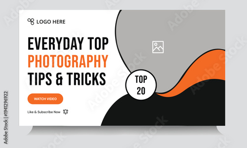 Daily best photography reel tips and tricks video thumbnail banner design, daily photography techniques video cover banner design, fully customizable vector eps 10 file format