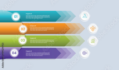 Arrow base infographic with glossy gradient style with long arrow on vertical stacked list transparent gradually with circle base badge with 4 segment point information