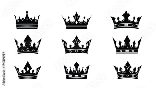 Collection of nine distinctive crown illustrations in black and white