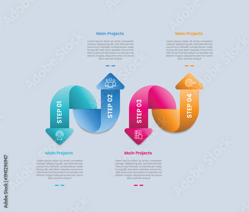 Arrow base infographic with glossy gradient style with smooth and curve upside down direction with 4 segment point information