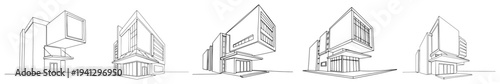 Set of modern architecture building designs in clean minimalist line art style
