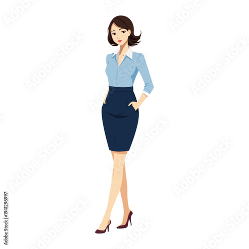 Professional woman wearing light blue button up shirt and dark blue pencil skirt standing with hands in pockets