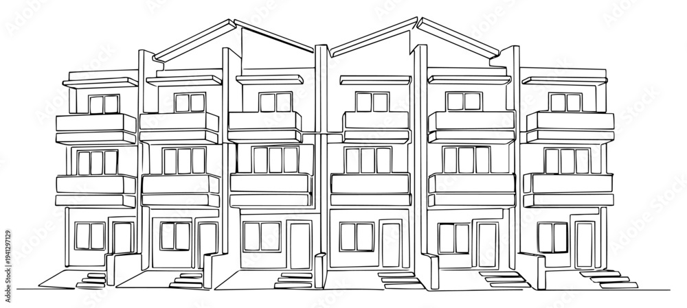 Obraz premium Minimalist line art illustration of a modern row house complex with balconies and pitched roofs