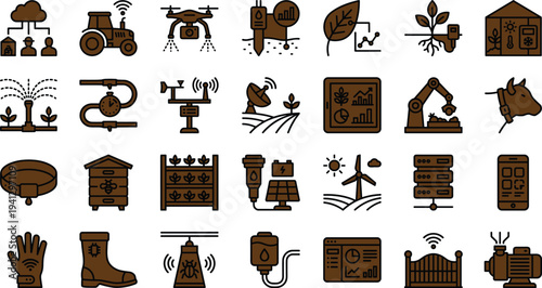 Smart agriculture technology icon set featuring drone monitoring irrigation sensors robotics livestock greenhouse automation and renewable energy