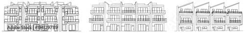 Set of modern terraced house designs and row home architecture in clean line art style