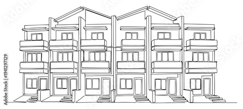 Minimalist line art illustration of a modern row house complex with balconies and pitched roofs