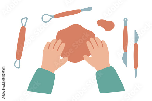 Pottery Making and Clay Crafting Set, Handmade Ceramic Workshop Clipart, Sculpting Tools and Hands Vector