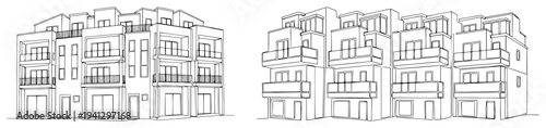 Contemporary apartment building architecture with multiple balconies in minimalist line art style