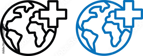 Global healthcare icon symbolizing international health organization or medical care worldwide with a simple globe and cross design element