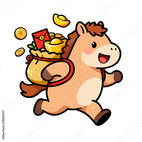 [Vector EPS]Cute cartoon horse carrying a bag full of treasures and coins