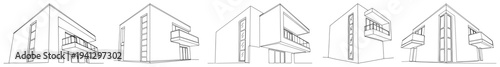 Set of modern minimalist house exterior views in architectural vector line art
