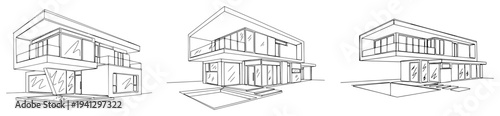 Contemporary luxury villa architecture with cantilevered design in clean line art style