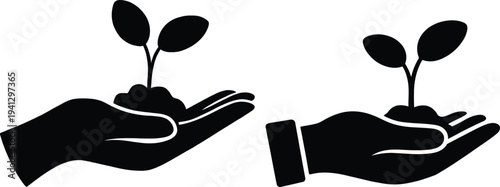 Hands cradling seedlings symbolizing growth and nurturing in a simple graphic illustration