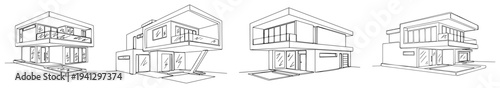 Collection of modern house architecture designs with flat roofs in clean line art style