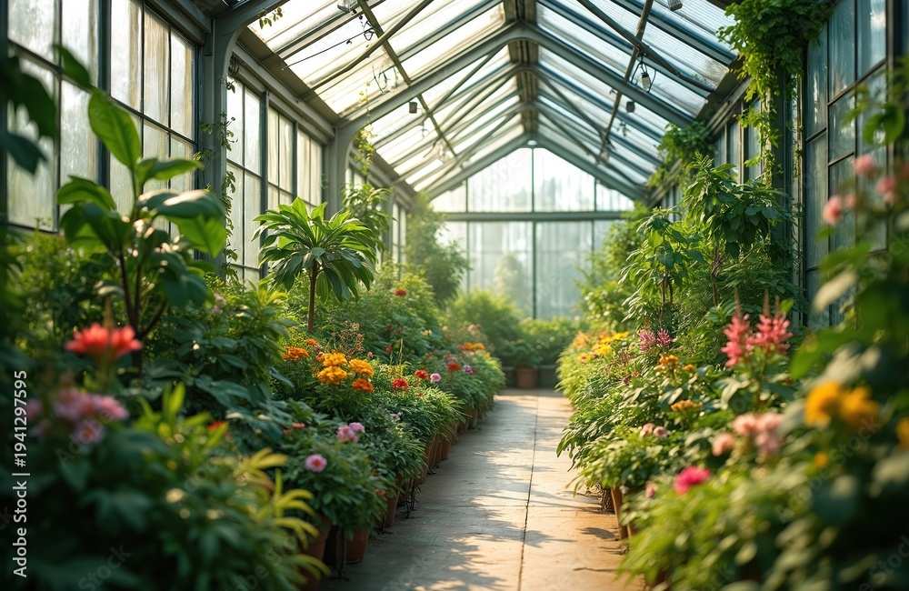 Fototapeta premium Sunlit greenhouse walkway lined with diverse potted plants, blooming flowers. Rich green foliage creates vibrant natural environment for growing various flora indoors. Sunlight streams through glass