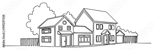 Minimalist line art illustration of traditional suburban houses with fences and trees