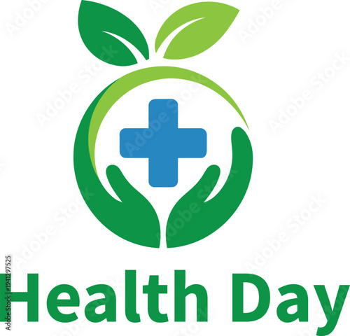 Health day logo featuring a blue medical cross surrounded by green leaves and hands symbolizing wellness and care for a healthy lifestyle.