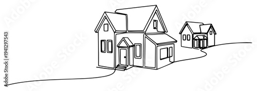 Traditional houses in a neighborhood on a hill in minimalist line art style
