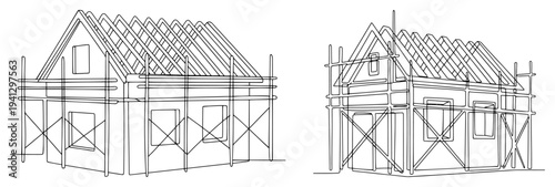 House construction site with scaffolding and roof trusses in clean line art style