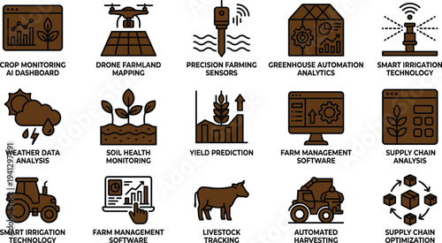 Smart agriculture technology icon set featuring crop monitoring dashboard drone sensors irrigation greenhouse automation livestock tracking and farm management