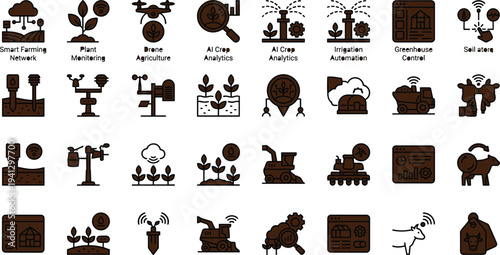 Smart agriculture technology icon set featuring farming network plant monitoring irrigation automation greenhouse control analytics and livestock management